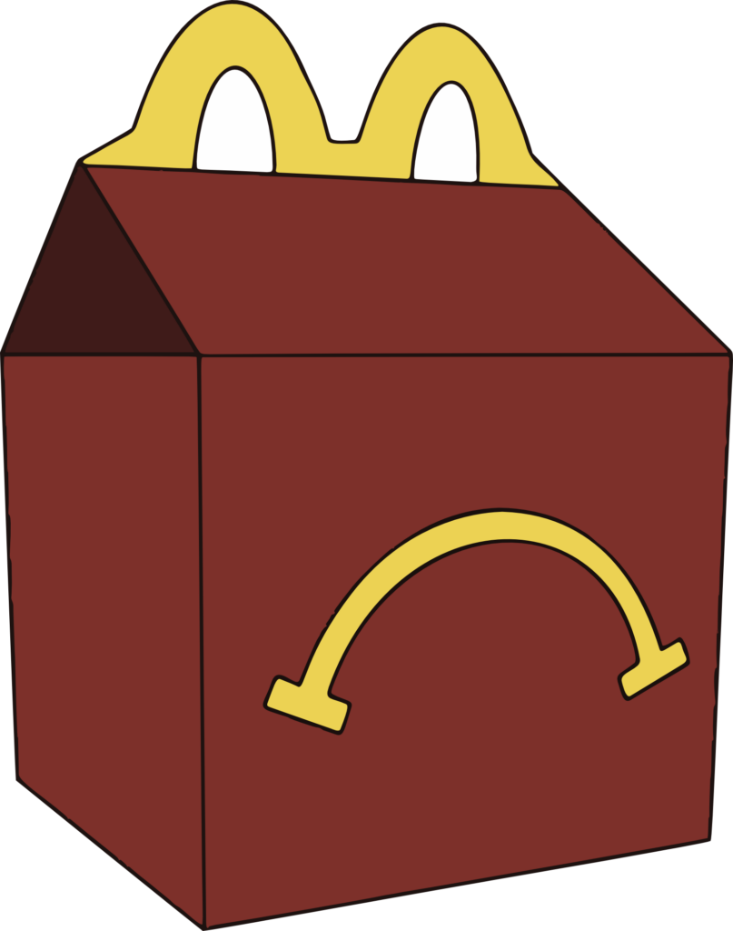 Sketch of an unhappy meal box with a sad face.